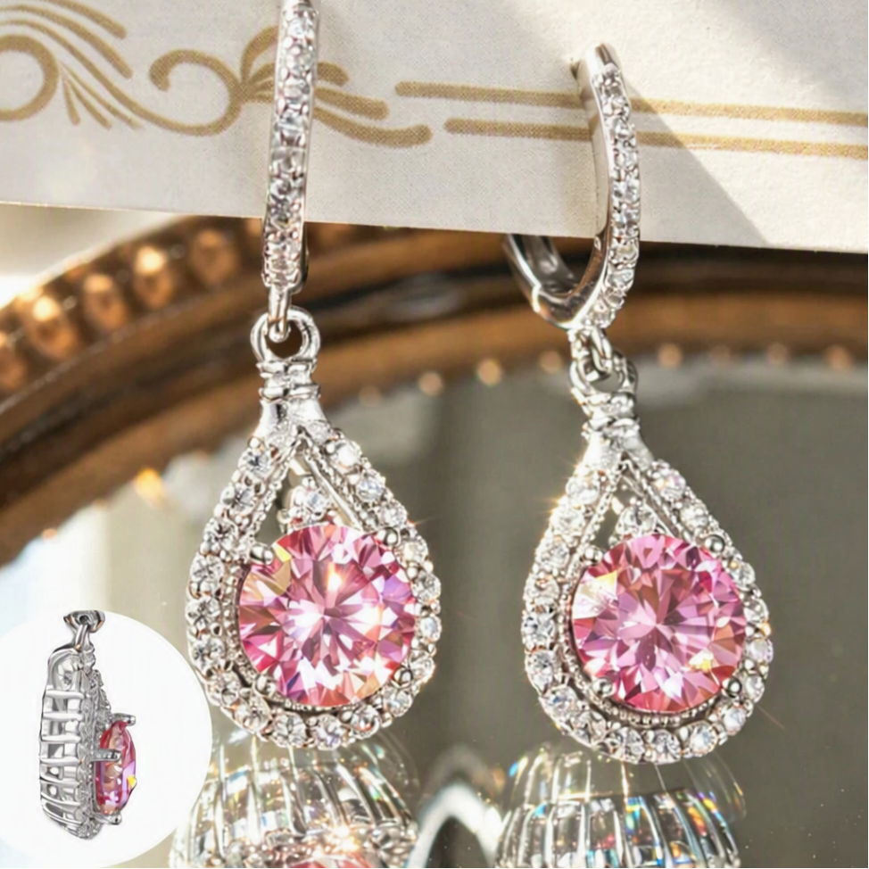 1CT Pink & White Moissanite Pear Drop Earrings
