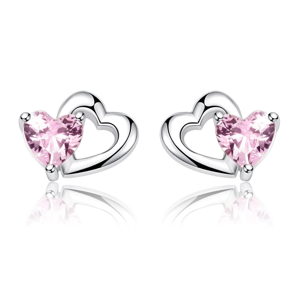 S925 Pink Heart Stud Earrings