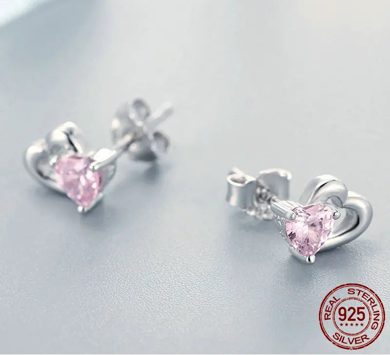 S925 Pink Heart Stud Earrings