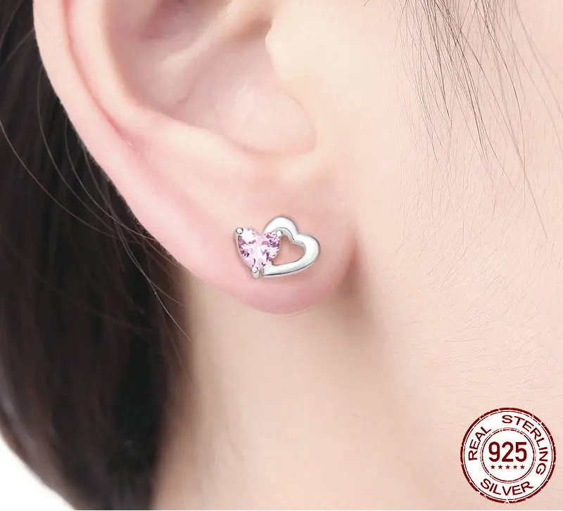 S925 Pink Heart Stud Earrings