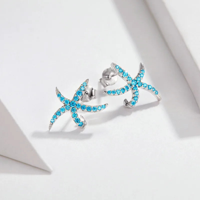 S925 Blue Starfish Stud Earrings