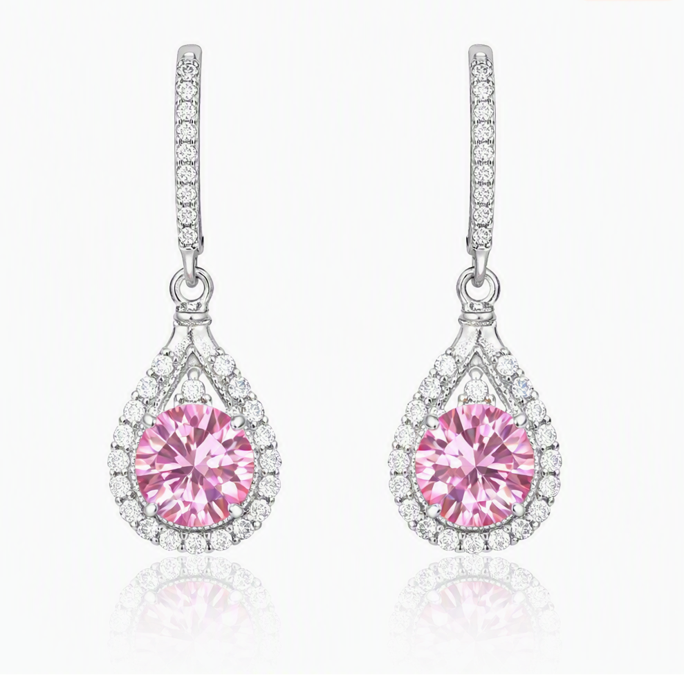 1CT Pink & White Moissanite Pear Drop Earrings