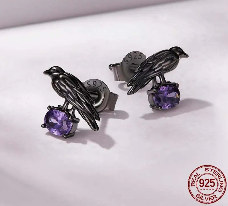 S925 Black Gothic Raven Stud Earrings