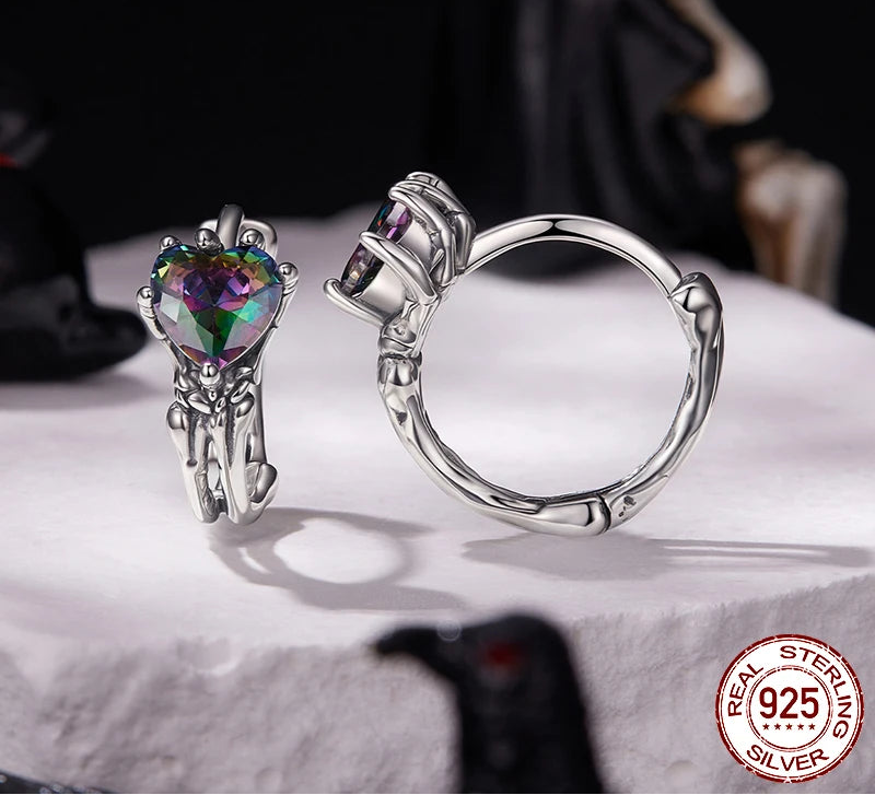 S925 Gothic Skeleton Hand Heart Huggie Stud Earrings