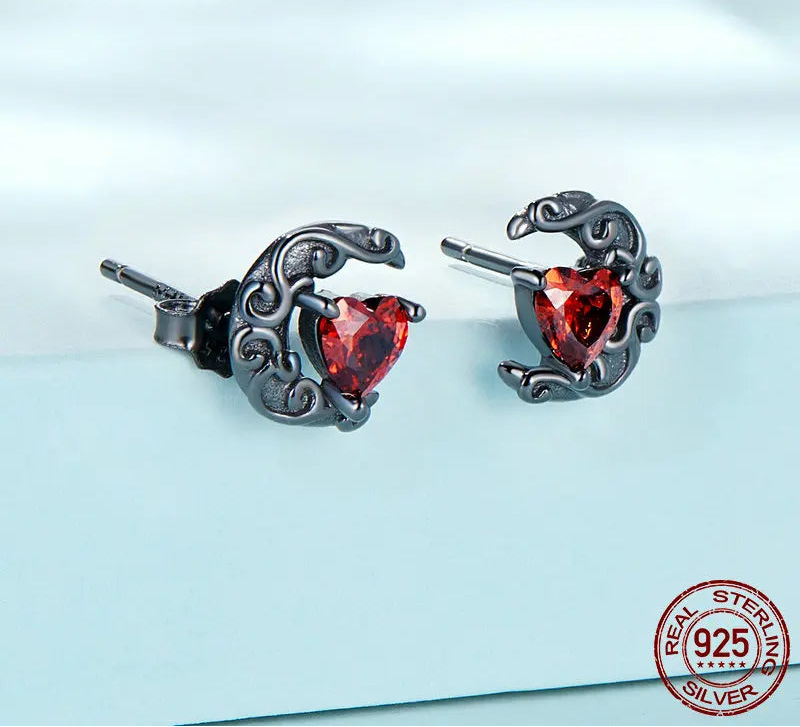 S925 Gothic Black Moon Stud Earrings