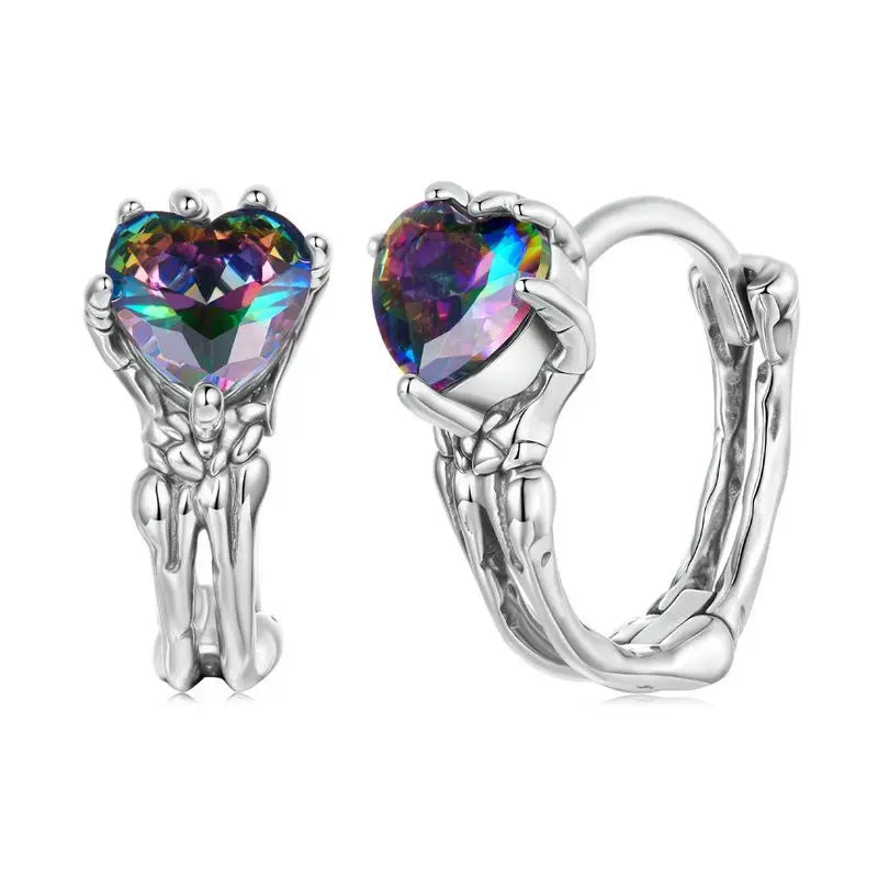 S925 Gothic Skeleton Hand Heart Huggie Stud Earrings