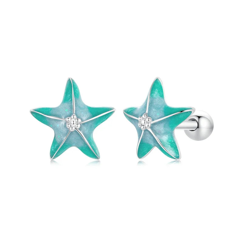 S925 Blue Green Starfish Stud Earrings