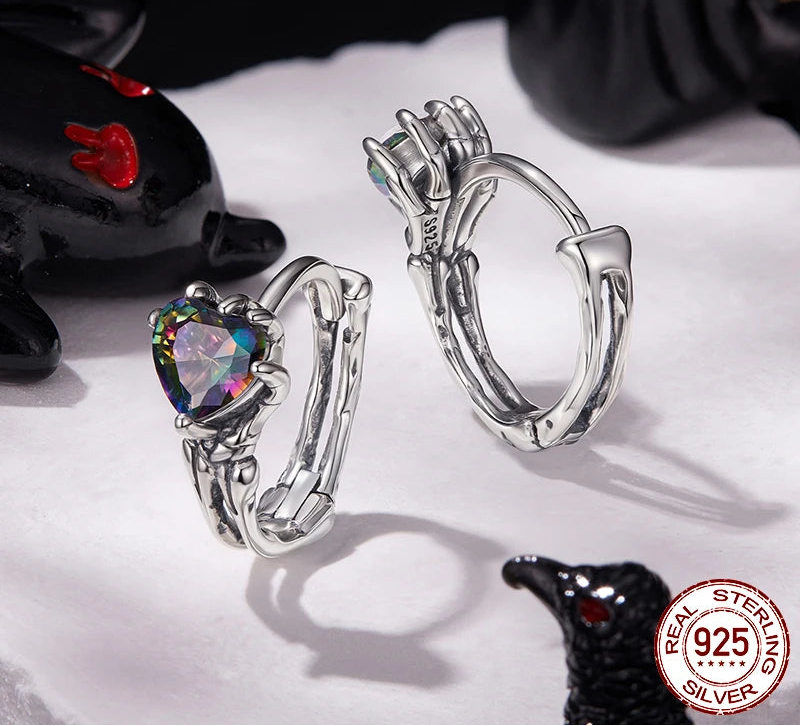 S925 Gothic Skeleton Hand Heart Huggie Stud Earrings