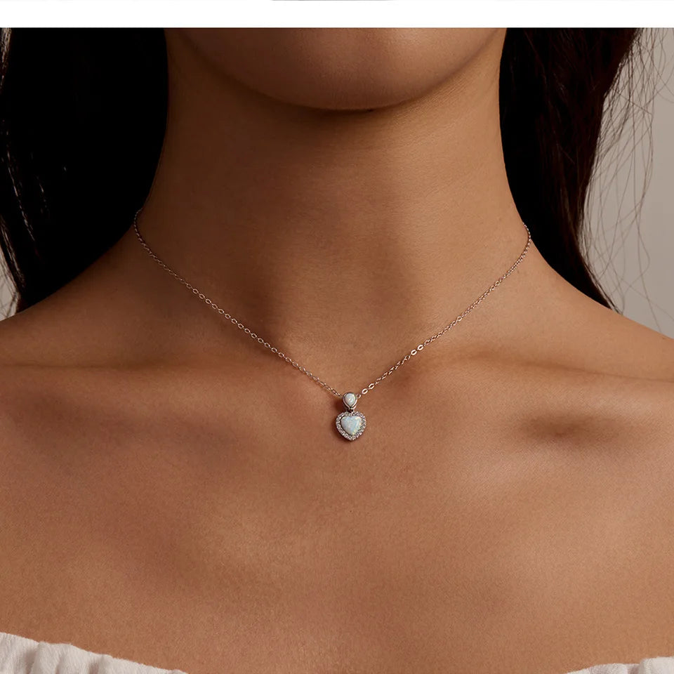 S925 Opal Love Heart Charm Necklace