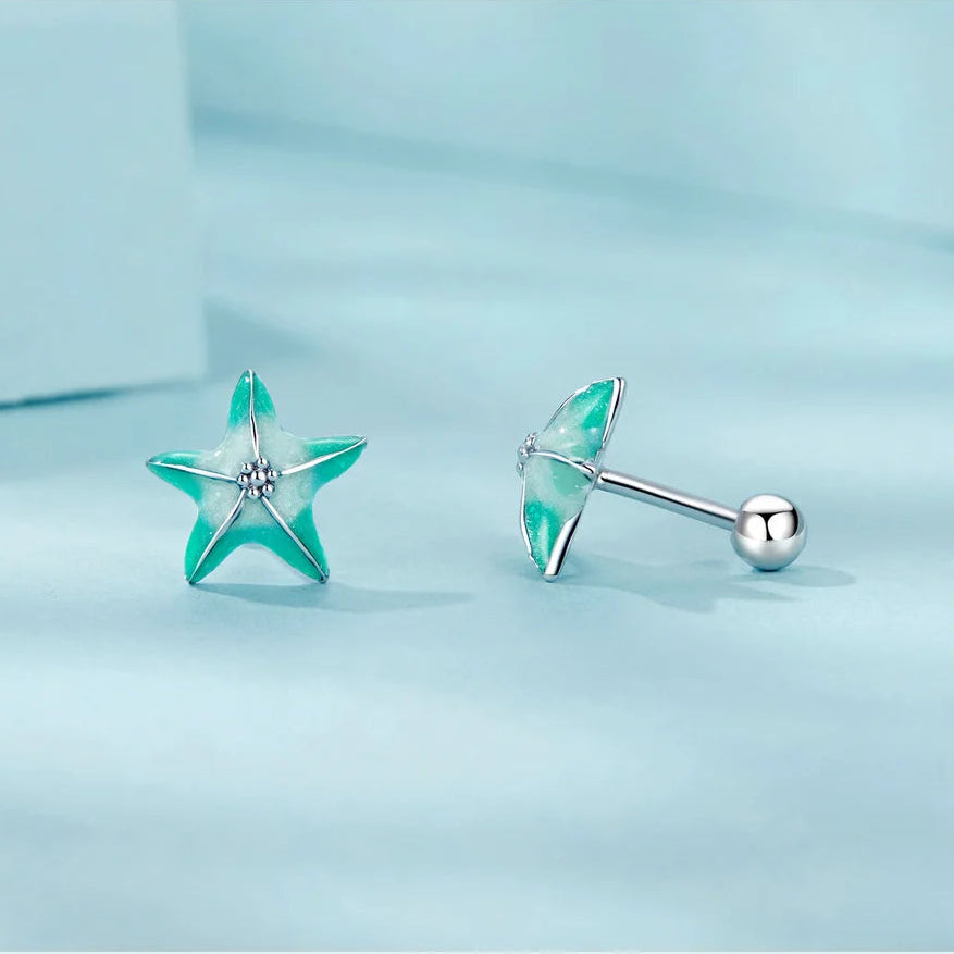 S925 Blue Green Starfish Stud Earrings