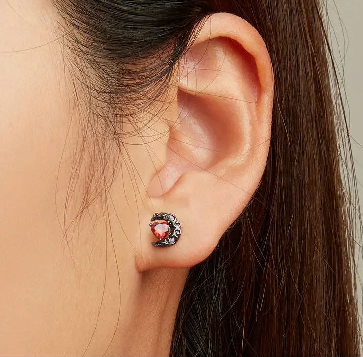 S925 Gothic Black Moon Stud Earrings