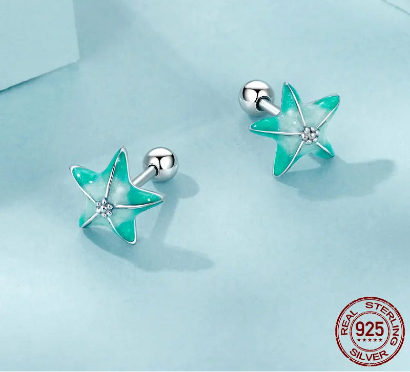 S925 Blue Green Starfish Stud Earrings