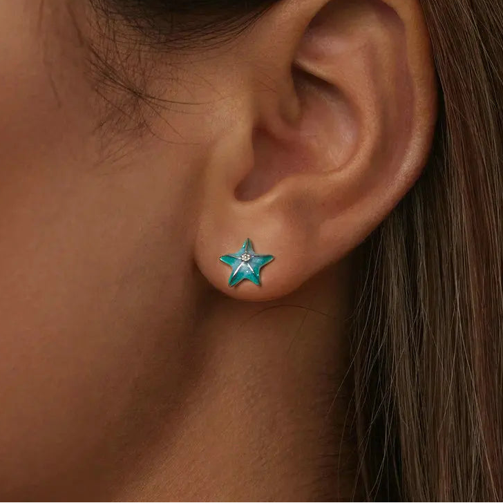 S925 Blue Green Starfish Stud Earrings