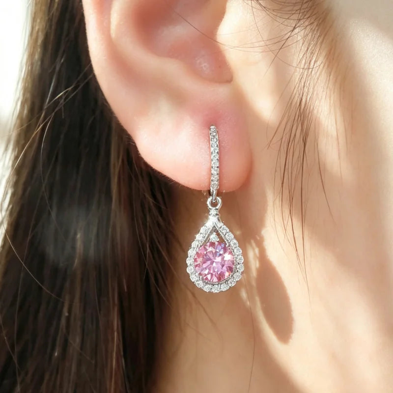1CT Pink & White Moissanite Pear Drop Earrings