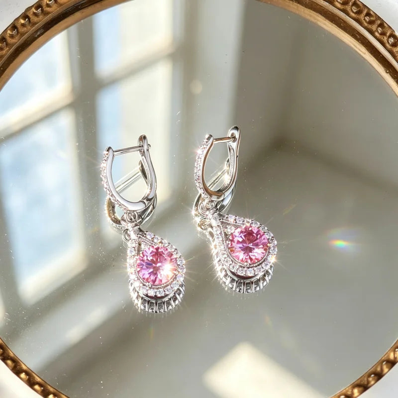 1CT Pink & White Moissanite Pear Drop Earrings