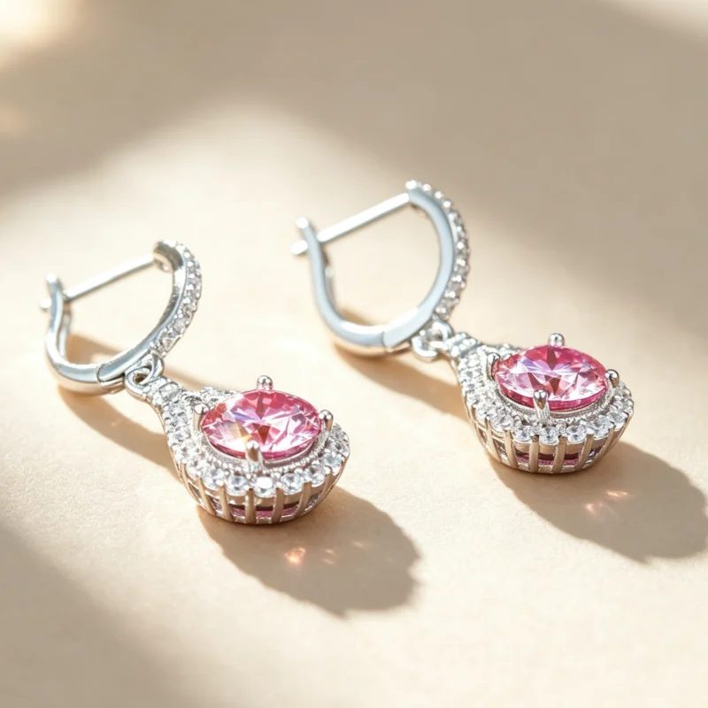 1CT Pink & White Moissanite Pear Drop Earrings