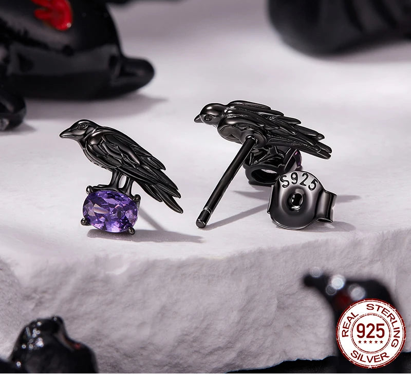S925 Black Gothic Raven Stud Earrings